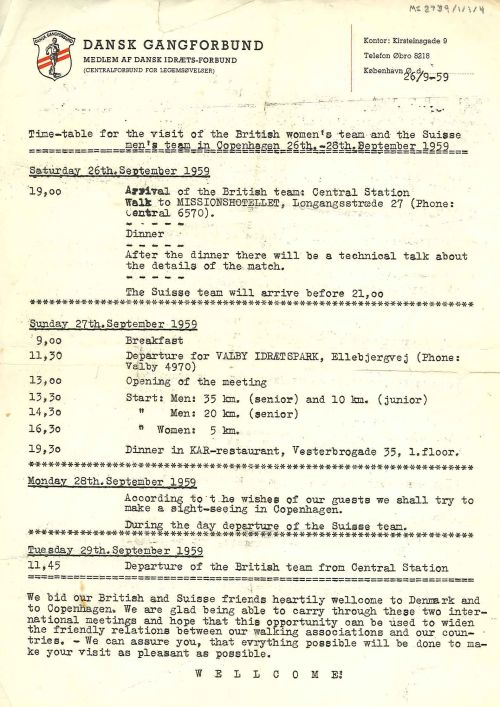 Itinerary for a visit to Denmark in 1959 [MS 2739/1/1/4]