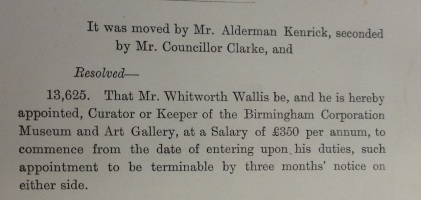 Appointment of Whitworth Wallis as Keeper of the Museum and Art Gallery. [Proceedings of the City Council, L34.4)