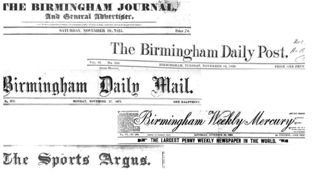 Montage of newspaper title banners for Birmingham including the Birmingham Journal, the Birmingham Daily Post and the Birmingham Daily Mail. 