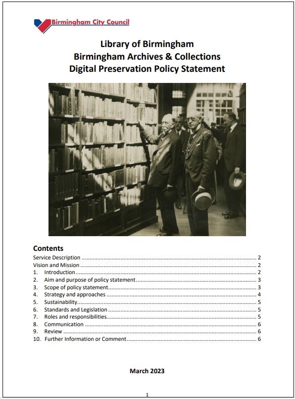 Contents page from the Library of Birmingham's Digital Preservation Policy with a black & white photograph of two men looking at shelves of books at the top of the page and a list of contents below. 