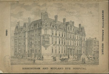 Engraving showing the main exterior of the Eye Hospital, people are walking passed and there are horse and carriages in the road.