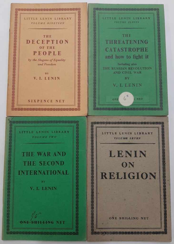 Front covers of four pamphlets arranged in a grid, 2 with green covers, 1 with an orange cover and 1 with a grey cover, all with text in black. 