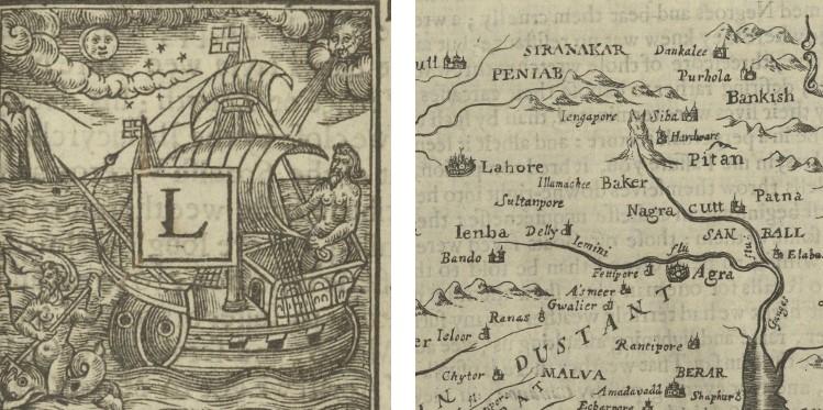 A printed letter L surrounded by a whimsical woodcut of a man on a sailing boat, the clouds and moon in the background have faces and there appears to be a mythical figure, possibly a mermaid in the bottom cormer.

Second image is a printed manp. the main rivers and hills are shown with a little detail. There are small illustrations of towns and towers to indicate towns the main ones in the image are Lahore and Agra