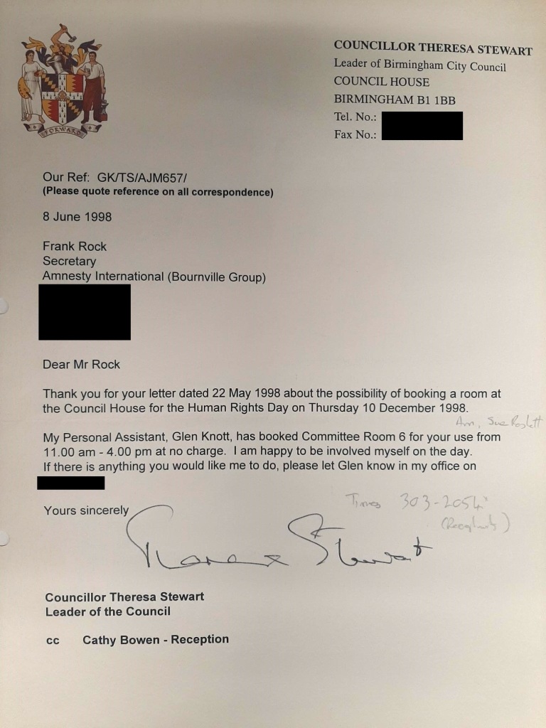 Typescript letter on headed paper with the Birmingham City Council coat of arms on the left-hand side. Addresses and phone numbers redacted in black. 