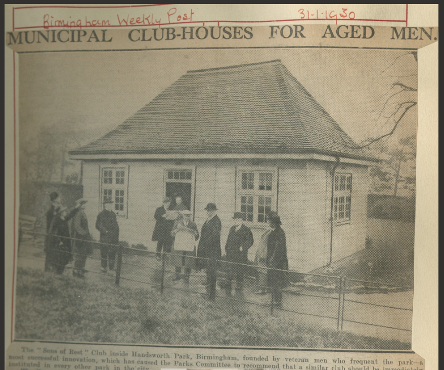 article title " municipal club-houses for aged men"  Another detached cottage style building, painted white with large windows which appears to be in a garden or park. Men stand around outside it talking and reading newspapers.