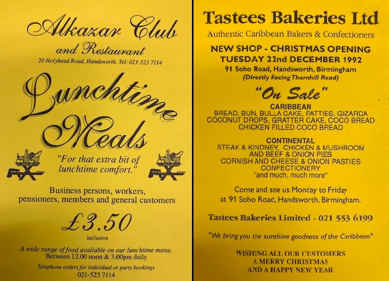 Bright yellow flyer with printed text set in a lively way "Alkazar Club and Restaurant, 20 Holyhead Road, Handsworth and Tastees Bakeries Ltd Authentic Caribbean Bakers & Confectioners